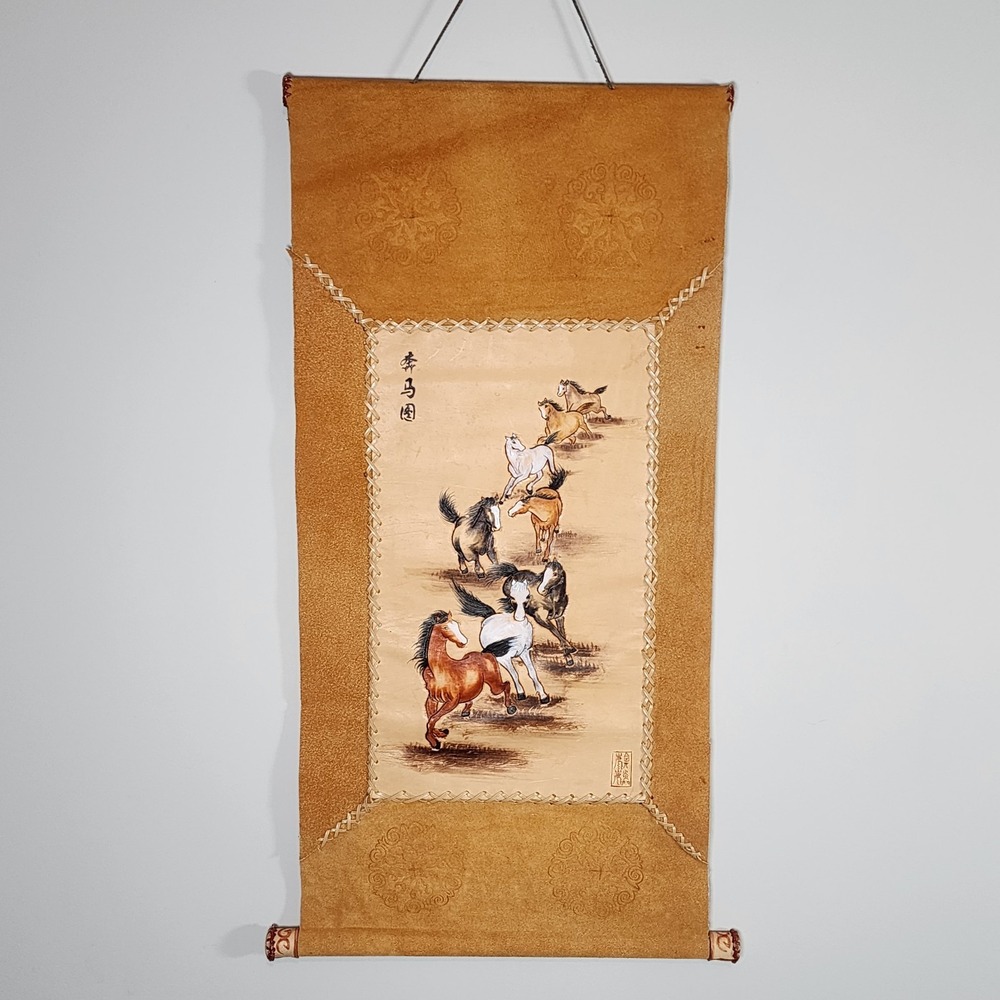 Galloping Wild Horses Leather Wall Art‎ Hanging Suede Decor Western Scroll Horse